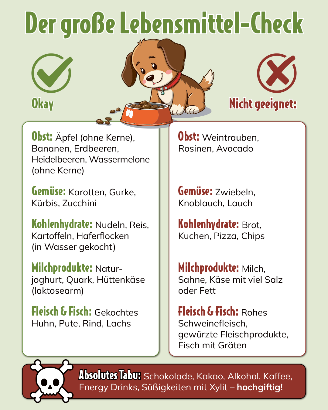 Infografik: Lebensmittel-Check für Hunde mit Übersicht zu erlaubten und verbotenen Lebensmitteln – Obst, Gemüse, Fleisch, Milchprodukte und gefährliche Nahrungsmittel wie Schokolade oder Zwiebeln