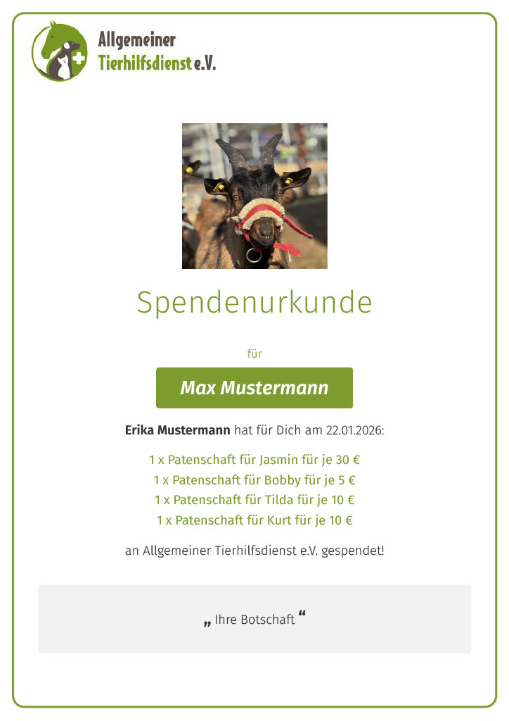 Spendenurkunde zum Download Spendenurkunde als Geschenk für eine Patenschaft beim Allgemeinen Tierhilfsdienst