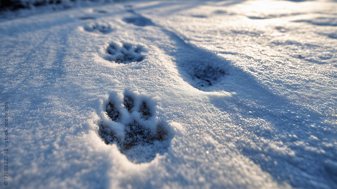 Abdrücke von Hundepfoten im Schnee